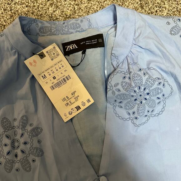 ZARA Women's Rubberized Embroidery Poplin Dress Size M In Sky Blue - Picture 11 of 12